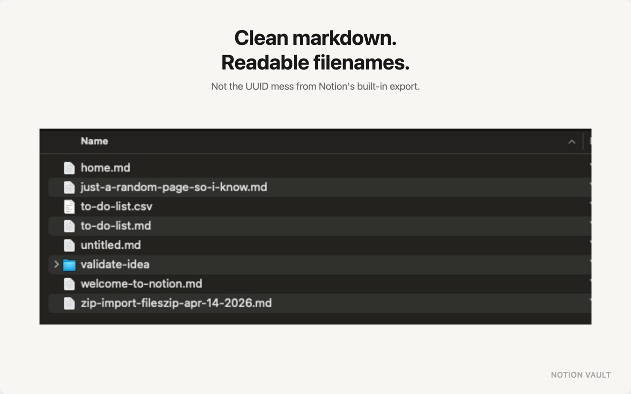 Notion Vault output — clean markdown filenames, no UUIDs